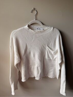 Cream Ribbed Knit Pocket Pullover